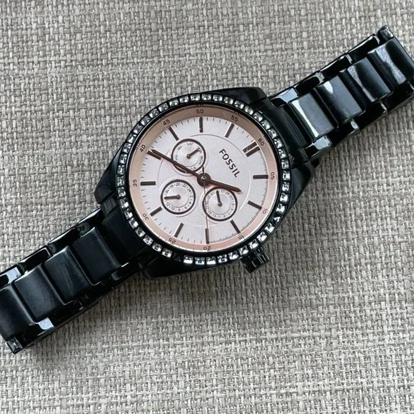 Fossil Ladies Wristwatch Crystals Accent Bezel Black Tone Quartz Multi-function - Picture 4 of 11